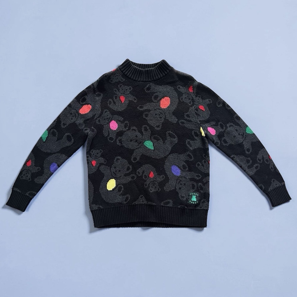 Teddy Fresh Black Falling Bears Mockneck Sweater Small Rare Novelty Colorful
